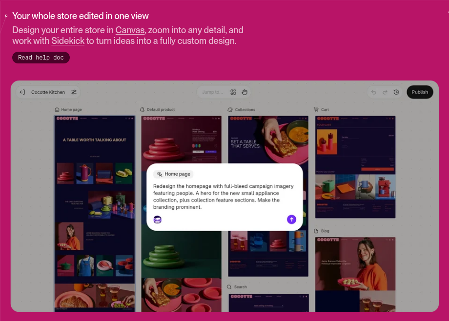 Shopify Canvas workspace editing a whole store with Sidekick
